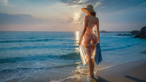 a woman with her head bowed walks down the beach,sun hat,high sun hat,sun and sea,beautiful beach,dream beach,yellow sun hat