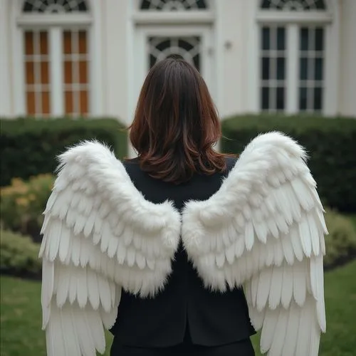 a woman wearing large white angel wings stands in front of her home,angel wings,angel wing,wings,winged,winged heart,angel girl