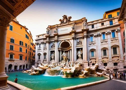 Ancient Roman architecture, grandiose columns, ornate carvings, rusticated stones, Baroque-style decorations, Pantheon-inspired dome, Trevi Fountain-like water features, Renaissance-era statues, vibra