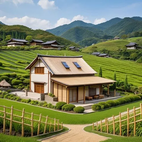 house on green hills and farms ,yamada's rice fields,ricefield,grass roof,rice fields,rice field,rice paddies,the rice field,magome,ricefields,green landscape,shirakawa,japan landscape,rice terrace,ri