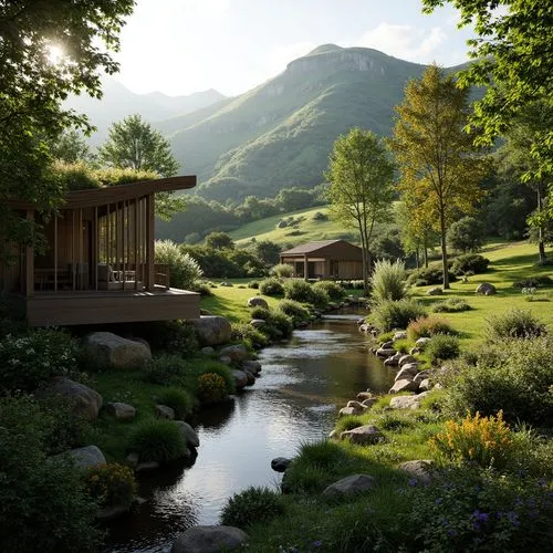 home landscape,korean folk village,alpine landscape,landscape background,mountain spring,meadow landscape,amoenus,the cabin in the mountains,beautiful landscape,idyllic,idyll,alpine pastures,mountain scene,summer cottage,japanese garden,bucolic,japan landscape,house in mountains,nature landscape,mountain meadow