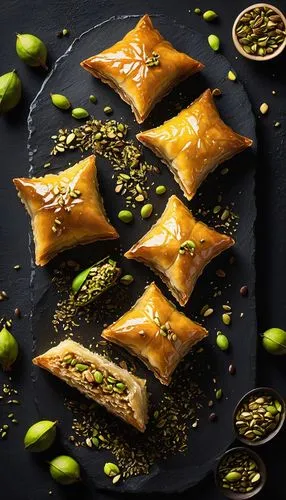 several small pastries with pistachio seeds on a black surface,samosas,spanakopita,samosa,baklava,spinach dumplings,zaatar,Conceptual Art,Daily,Daily 32