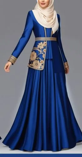 3d fashion drawing of long maxi  pelisee abaya for Muslim hijab for fat girl with Muslim hijab for very chic women big women with white and blue ,an animation image of a woman in a dress,abaya,abayas,