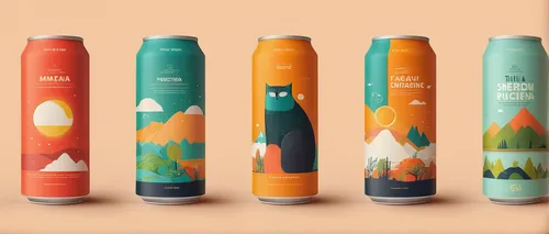 Create a unique product packaging design,paint cans,cans of drink,spray cans,beverage cans,packshot,low poly coffee,colorful drinks,drink icons,eco-friendly cups,cans,forest animals,chalk labels,comme