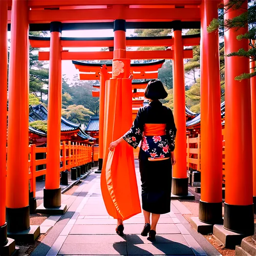 fushimi inari shrine,fushimi inari-taisha shrine,kyoto,geisha,japanese woman,miyajima,geisha girl,torii,japanese umbrellas,senbon torii,japanese culture,japanese umbrella,samurai,asakusa,japanese wave,torii tunnel,inari,japanese waves,mukimono,japan,Illustration,Retro,Retro 12