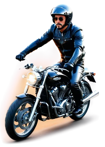 Motorcycle, shiny black body, detailed engine, chrome pipes, leather seat, cool rider, sunglasses, helmet, strong arms holding handlebars, speeding, dynamic pose, low-angle shot, dramatic lighting, hi