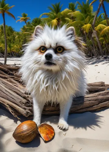 wollie, stranded deep, fluffy texture, white fur, large eyes, survival, tropical island, palm trees, sandy beach, clear blue water, bright sunlight, daytime, outdoor, realistic, detailed fur, soft sha