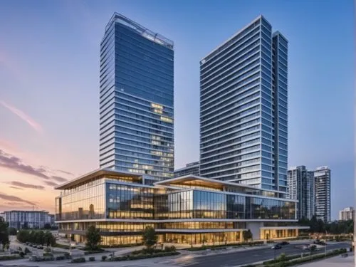 two buildings are in the middle of a parking lot,mississauga,zorlu,vdara,songdo,sathorn,escala,Photography,General,Realistic