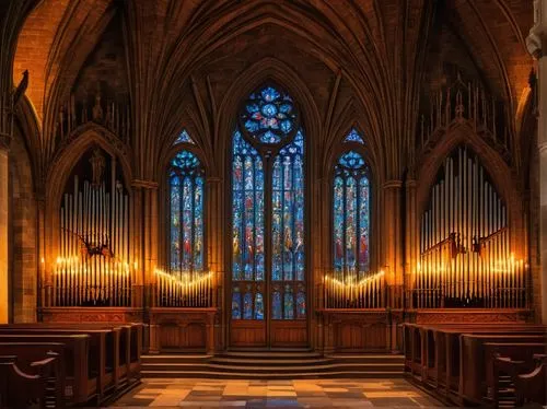 main organ,pipe organ,organ,transept,organ pipes,chancel,church organ,presbytery,choir,altar,sanctuary,christ chapel,chapel,gothic church,stained glass windows,ecclesiastical,cathedral,ecclesiatical,reredos,stained glass,Illustration,Realistic Fantasy,Realistic Fantasy 04