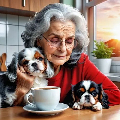 elderly lady,pet vitamins & supplements,elderly people,elderly person,woman drinking coffee,care for the elderly,senior citizen,pensioner,elderly,king charles spaniel,grandparent,pet food,grandma,grandmother,dog cafe,companion dog,pensioners,respect the elderly,old age,for pets,Photography,General,Realistic