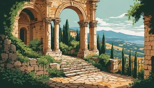 Roman architectural design, ancient ruins, detailed stone carvings, ornate columns, grand arches, intricate mosaics, weathered stone walls, lush greenery, overgrown vines, crumbling statues, rusted me