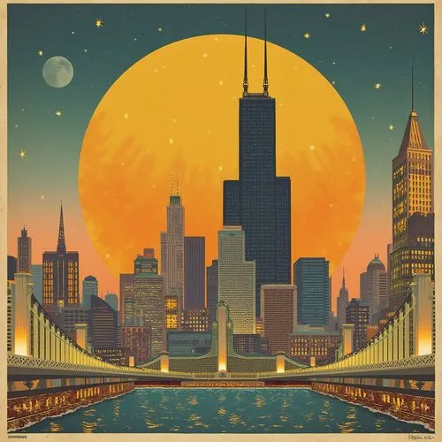 travel poster,chicago,chicago night,metropolis,big apple,chicago skyline