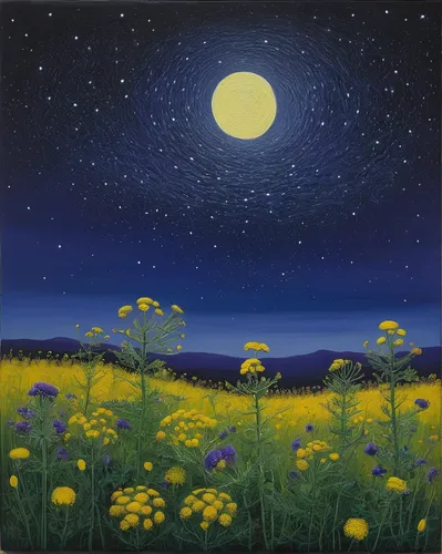 carol colman,dandelion field,dandelion meadow,cosmos field,starry night,moonlit night,meadow landscape,summer meadow,night scene,blooming field,blue moon,sulfur cosmos,cosmos flowers,flower meadow,cosmos wind,starry sky,blue moon rose,carol m highsmith,flower field,wildflower meadow,Art,Artistic Painting,Artistic Painting 26