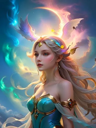 a beautiful woman in a blue and white outfit with wings on her head,jaina,janna,fantasy portrait,elona,llyra,fantasy woman,Illustration,Realistic Fantasy,Realistic Fantasy 01