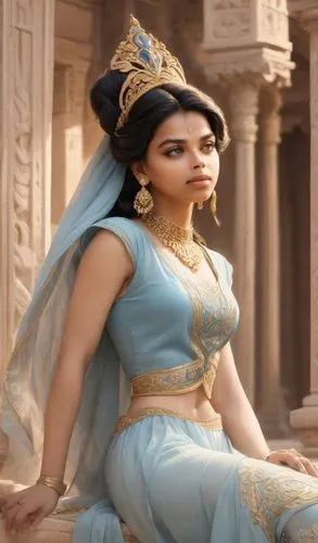 Jasmine in Aladdin, Disney princess, blue top and headpiece,an indian woman in blue sari with jewelry on her neck and headpiece,draupadi,mastani,gandhari,surana,chandrakanta,arundhati,Digital Art,Clas