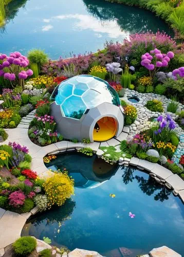 flower dome,pond flower,floating islands,koi pond,futuristic landscape,floating island,underwater oasis,garden pond,artificial island,flower water,artificial islands,mushroom island,underwater playground,aqua studio,bee-dome,igloo,nature garden,fairy world,mushroom landscape,water cube,Conceptual Art,Sci-Fi,Sci-Fi 10