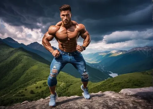 muscular man, athletic body, strong glutes, ripped jeans, sporty shoes, sweaty skin, outdoor training, mountainous background, intense facial expression, dramatic lighting, low-angle shot, bold compos