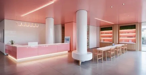 Cosmetic store checkout design, opaque acrylic counter in salmon and white tones, pink curved design pendant on the ceiling of the counter, Salmon colored wood desk and chair, white gloss tile pillar,