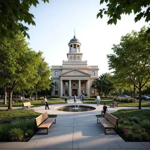 Historic courthouse building, neoclassical architecture, grand clock tower, elegant stone fa\u00e7ade, ornate columns, symmetrical design, vibrant greenery, lush trees, blooming flowers, serene water 