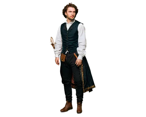 Shakespeare, male, Elizabethan era clothing, white shirt with ruffles, black vest, brown pants, boots, holding quill pen, standing, Renaissance background, warm lighting, soft focus, facial close-up, 