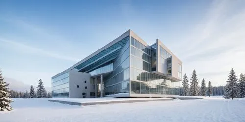  ,large office building in snowy landscape near trees,snohetta,skolkovo,snow house,ski facility,snowhotel,bjarke,Photography,General,Realistic