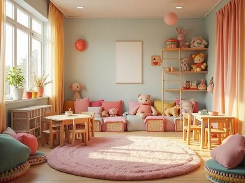 Colorful kindergarten, vibrant fabrics, variety of textures, soft cushions, cozy reading nook, fluffy carpet, wooden tables, tiny chairs, playful educational toys, stuffed animals, gentle lighting, wa