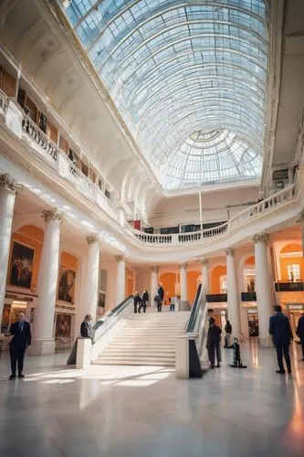 Modern architecture exhibitions, London cityscape, Somerset House, neo-classical building, grand staircase, high ceilings, marble floors, natural light pouring through large windows, people walking, c