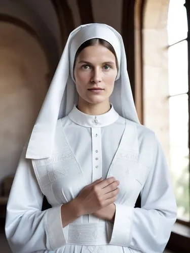 Hildegard with the breast bandage, the day before her ordination as a nun in the idyllic monastery of Bingen, prepares for the next step on her spiritual path with a thoughtful expression on her face.