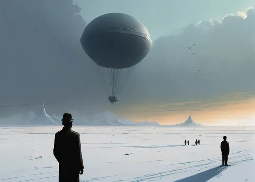 airships,sci fiction illustration,ice planet,arrival,airship,dune,futuristic landscape,colony,viewing dune,alien planet,aerostat,a ball in the snow,spheres,travelers,heliosphere,concept art,gas planet,barren,wanderer,vast,Conceptual Art,Sci-Fi,Sci-Fi 07