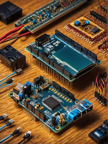 Microcontroller, Arduino Uno, breadboard, circuit diagram, wires, resistors, capacitors, LED lights, USB connection, wooden desk, modern office, afternoon sunlight, warm ambient lighting, 45-degree an