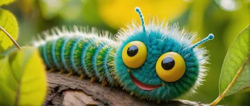 Trippy caterpillar, psychedelic colors, green body, yellow stripes, blue spots, fuzzy hair, big round eyes, smiling face, leaves background, sunny day, warm lighting, shallow depth of field, vibrant a