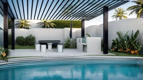 landscape design sydney,landscape designers sydney,garden design sydney,outdoor furniture,tropical house,pool house,patio furniture,royal palms,outdoor pool,dug-out pool,pergola,contemporary decor,garden furniture,swimming pool,outdoor sofa,holiday villa,modern house,spanish tile,palm branches,water feature,Architecture,Villa Residence,Modern,Skyline Modern