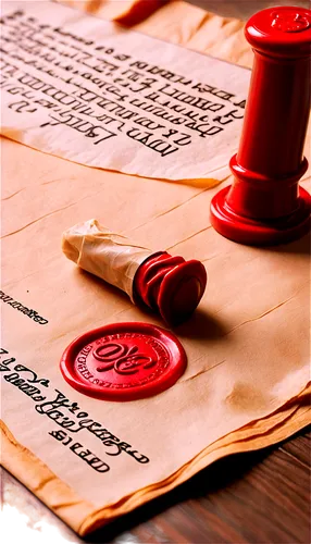 Yellowed parchment, old worn edges, crumpled texture, intricate calligraphy, red wax seal, rolled up, lying on wooden desk, soft warm lighting, shallow depth of field, close-up shot, detailed wrinkles