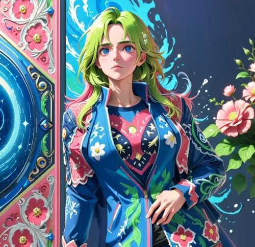 a painting of an anime girl in front of a window,michiru,fujiko,zelda,khura,hanaka,saionji,Anime,Anime,General