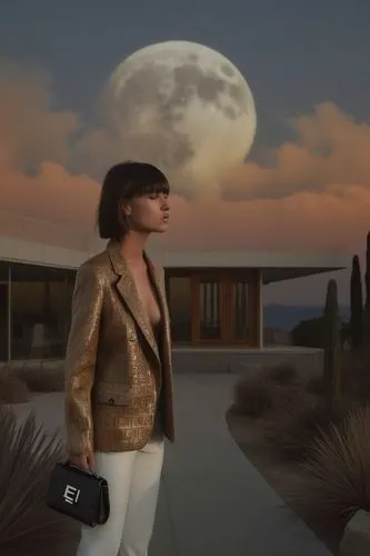 sundown,dusk,fendi jacket, collasal moon,a woman standing in front of a moon lit house,moonstruck,moonlighting,moonwalks,moonwalked,enza,moonwalker