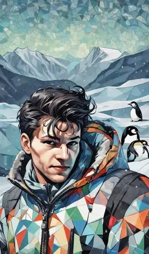 portrait of a smiled yang man in bright polygonal in the mosaic style of Alexander Deineka, in the background there are snowy mountains, northern lights, penguins.,descender,avalanches,antarcticus,you