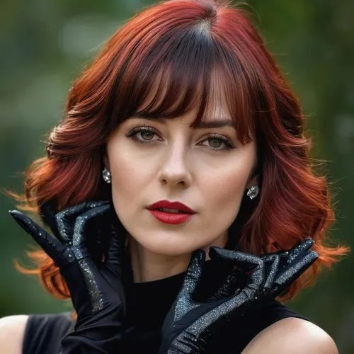 Photorealistic picture , 33 years old woman, her hair is long, red and with bangs. She is dressed with black official dress, she wear black gloves, a delicate jewel glitters on her beautiful neck.,bir