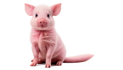 Cute piglet, round bottom, fluffy fur, pink skin, tiny legs, curly tail, sitting posture, adorable facial expression, shiny eyes, soft focus, warm lighting, pastel color tone, 3/4 composition.,pinkola