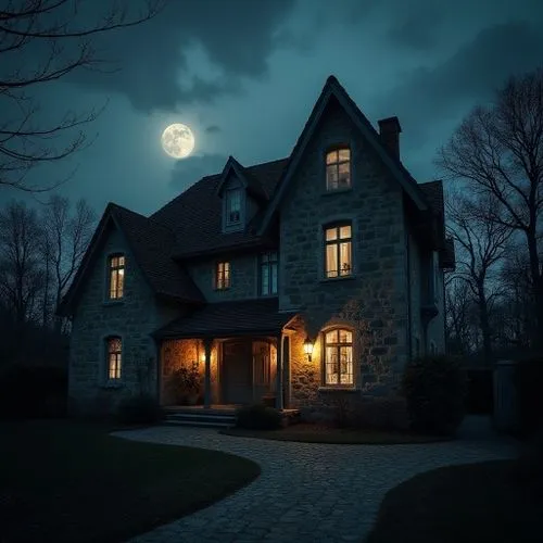 scary ghost,a big stone house with the moon in the background,dreamhouse,creepy house,witch house,ravenswood,moonlit night,moonlit