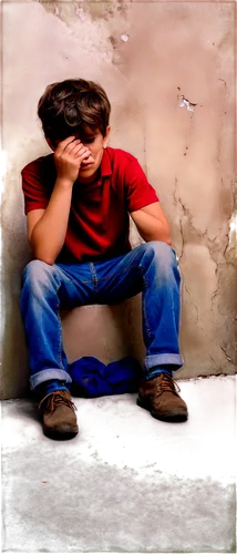 Suffer, young boy, sad expression, tears in eyes, messy brown hair, worn-out clothes, sitting on ground, back against wall, hands covering face, dim lighting, warm color tone, shallow depth of field, 