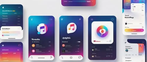 Modern e-business architecture, sleek Apple Music interface, minimalistic white background, clean typography, vibrant colorful icons, scrolling feed, personalized music recommendations, search bar, me