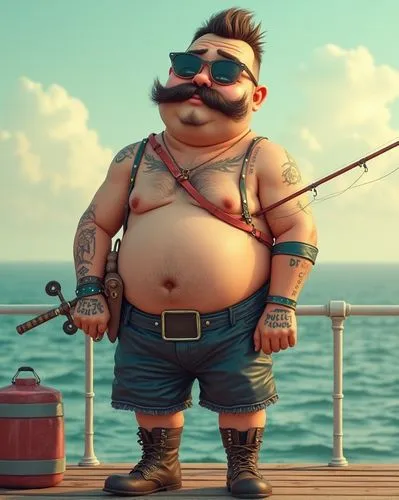 the man with tattoos and huge belly stands on a dock next to a fishing rod and a fish in his mouth,smee,stavros,obelix,seaman,pescador,russel