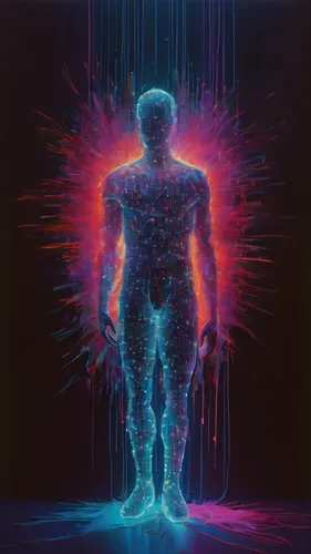 dr. manhattan,mind-body,aura,ego death,electro,crown chakra,uv,the human body,nerve,divine healing energy,random access memory,energy healing,transcendence,astral traveler,magneto-optical disk,meridians,human body,humanoid,chakra,root chakra,Illustration,Abstract Fantasy,Abstract Fantasy 20