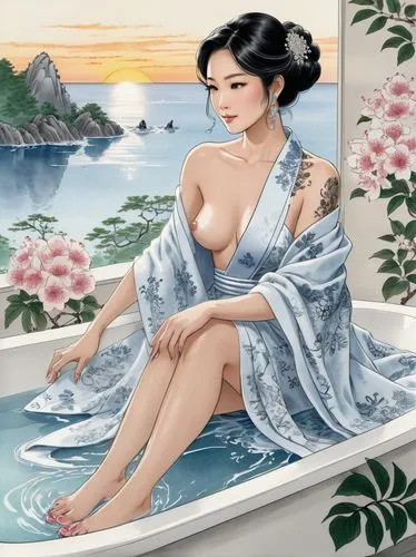 oriental painting,onsen,japanese art,ukiyoe,uemura,japanese woman,Illustration,Paper based,Paper Based 30