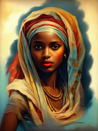 a painting of a woman wearing a colorful head piece,african woman,comorian,nubian,afar tribe,african art,tahoua,Illustration,Realistic Fantasy,Realistic Fantasy 21