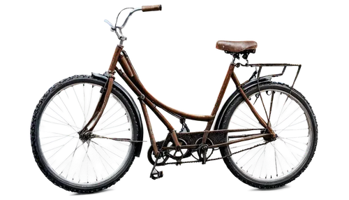 Vintage bicycle, rusty chain, worn-out saddle, old-fashioned bell, curved handlebars, metal pedals, rubber tires, detailed wheel spokes, morning dew, soft sunlight, 3/4 composition, shallow depth of f