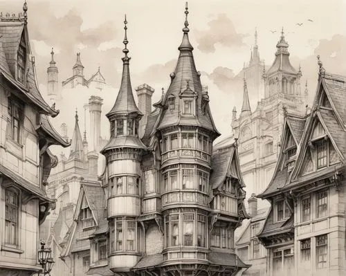 diagon,gondolin,driehaus,gormenghast,fairy tale castle,ravenloft,spires,castelul peles,hogsmeade,hogwarts,victoriana,diterlizzi,beautiful buildings,half-timbered houses,fantasyland,disney castle,castles,victorians,townscapes,rooflines,Illustration,Paper based,Paper Based 30