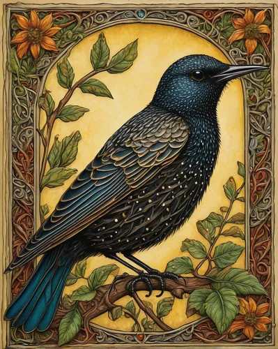 brewer's blackbird,starling,bird painting,flower and bird illustration,ornamental bird,an ornamental bird,bird illustration,starlings,old world oriole,european starling,blackbirds,sunbird,adult starling,magpie,blackbird,corvidae,songbirds,tanager,bird robin,grackle,Art,Classical Oil Painting,Classical Oil Painting 28