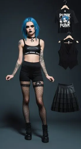 Paper doll 2d cartoon punk blue haired girl in black sleeveless shirt , black spandex shorts, complete full length fishnet and black punk knee Boots, standing surrounded by with a set of punk fashion 