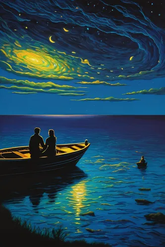 oil painting on canvas,fishermen,fishing float,boat landscape,starry night,night scene,romantic scene,fishing boat,sea night,art painting,oil painting,bass boat,oil on canvas,picnic boat,astronomers,people fishing,astronomy,fishing boats,vincent van gough,recreational fishing,Art,Classical Oil Painting,Classical Oil Painting 30